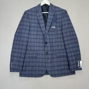 Haggar Sport Coat Jacket Mens 42R Navy Linen Plaid Tailored Fit Blazer Preppy